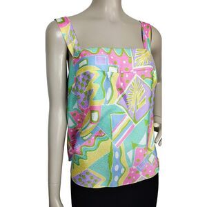 Vintage 80s Lucie Ann Colorful Pastel Sleeveless Brocade Abstract Camisole Top